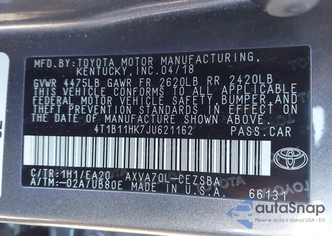 2018 Toyota Camry Se z USA, uszkodzony, nr VIN 4T1B11HK7JU621162
